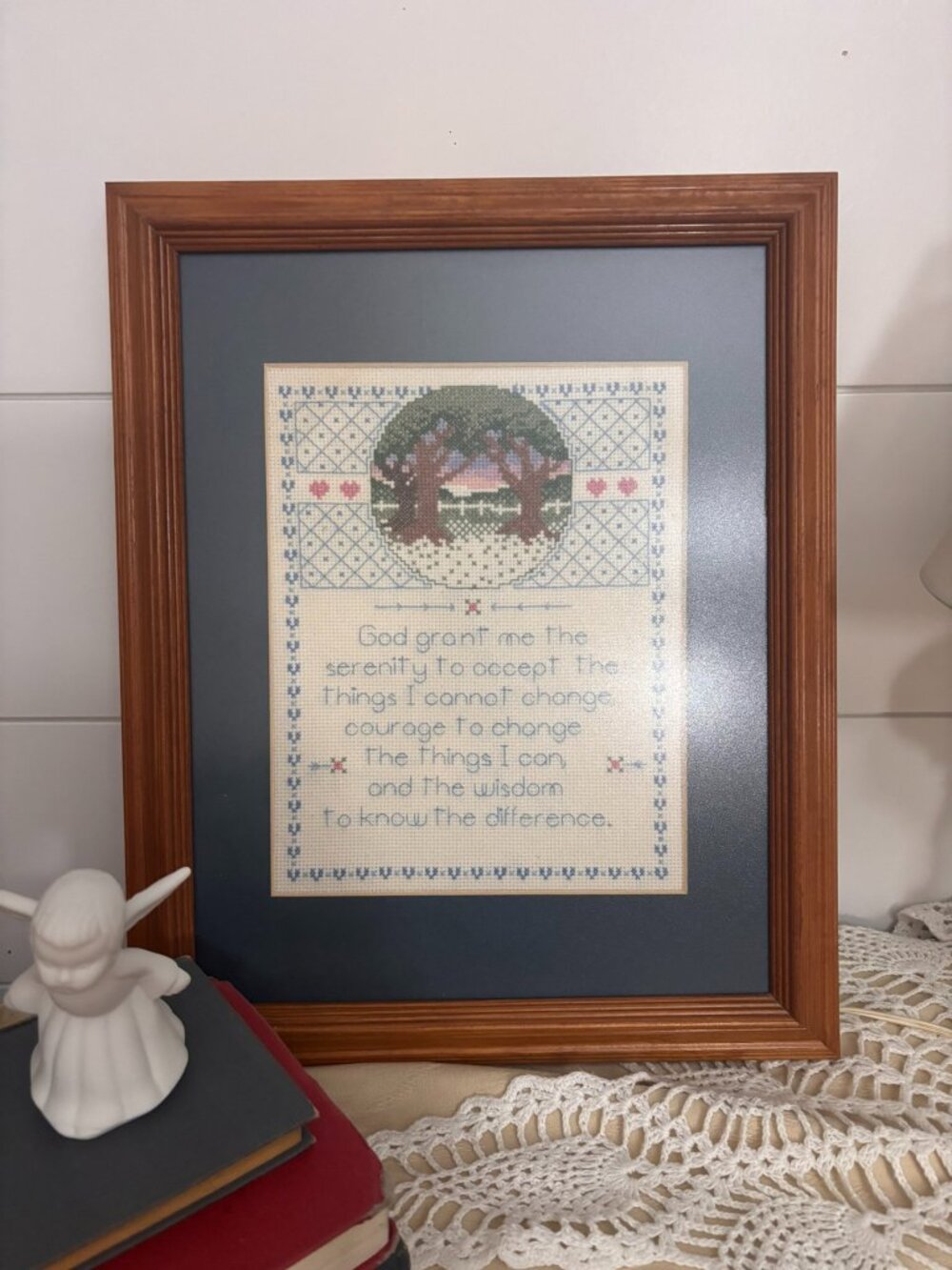 VTG Framed Serenity Prayer Cross Stitch Handmade Needlepoint AA Recovery Gift